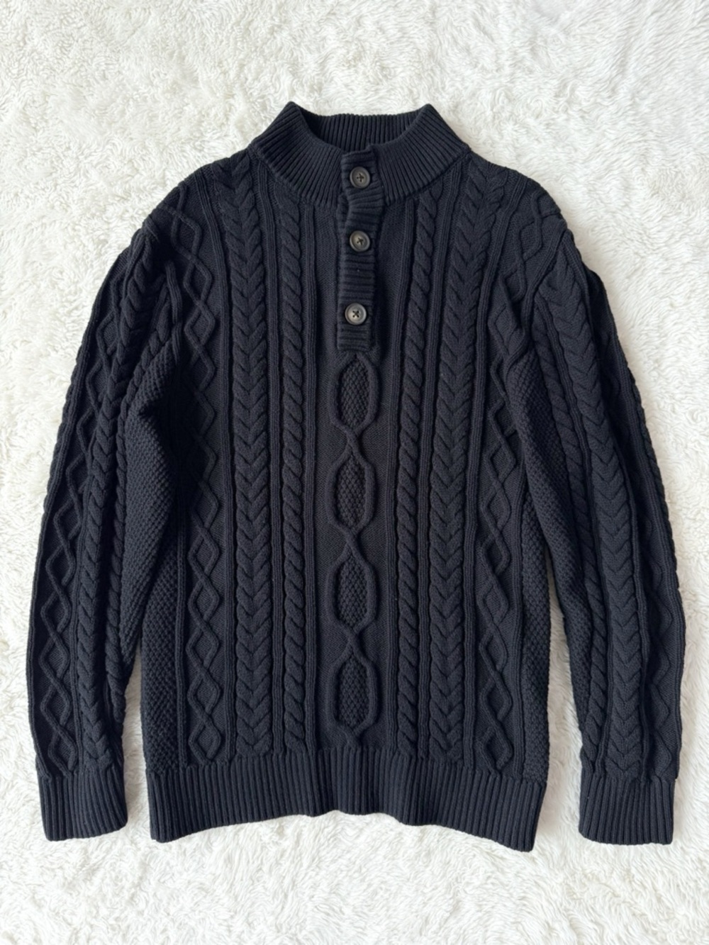 Tilley Men Black Chunky Cable Knit Pullover Mock Neck Fishermen Sweater SMALL
